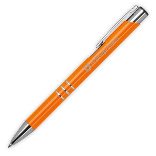 Oranger Metall-Kugelschreiber mit Muster, Clip und Druckmechanismus.