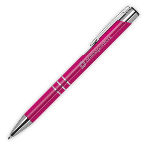 Pinker Metall-Kugelschreiber mit Muster, Clip und Druckmechanismus.