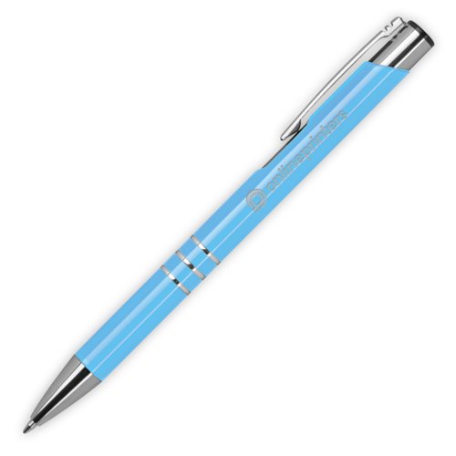 Hellblauer Metall-Kugelschreiber mit Clip und Druckknopf.