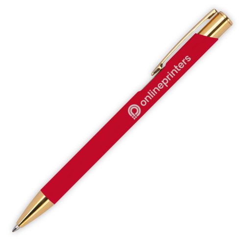 Roter Metall-Kugelschreiber mit Clip und Drehmechanismus.