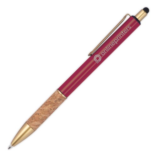 Burgunderfarbener Metall-Kugelschreiber mit Kork-Element und Touchpen-Funktion.