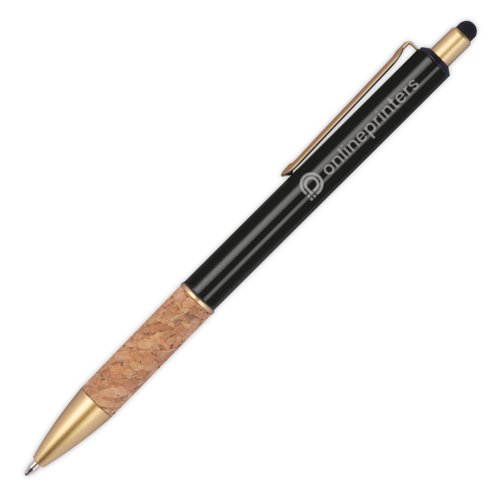 Schwarzer Metall-Kugelschreiber mit Korkgriff, Clip und Touchpen.