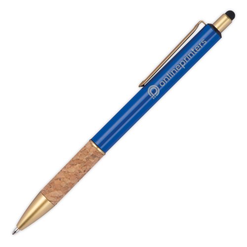 Blauer Metall-Kugelschreiber mit Korkgriff, Clip und Touchpen-Funktion.