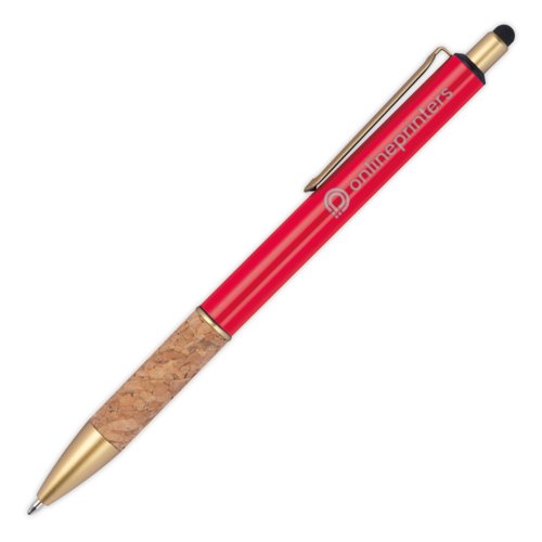 Roter Metall-Kugelschreiber mit Korkgriff und Touchpen-Funktion.