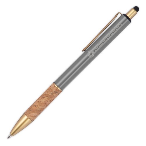 Grauer Metall-Kugelschreiber mit Korkgriff, Clip und Touchpen.
