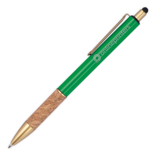 Grner Metall-Kugelschreiber mit Korkgriff, Clip und Touchpen-Funktion.