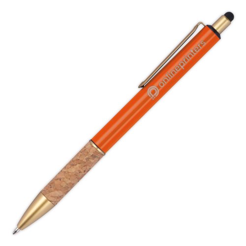 Oranger Metall-Kugelschreiber mit Korkelementen, Clip und Touchpen.