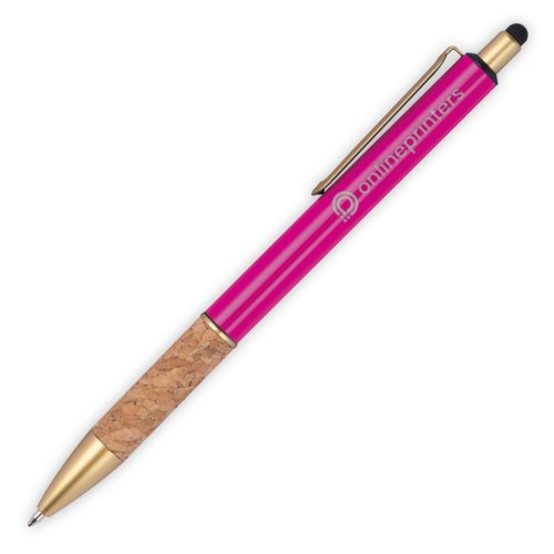 Pinkfarbener Metall-Kugelschreiber mit Korkelementen, Clip und Touchpen-Funktion.