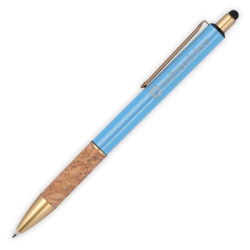 Hellblauer Metall-Kugelschreiber mit Korkgriff und Touchpen-Funktion.