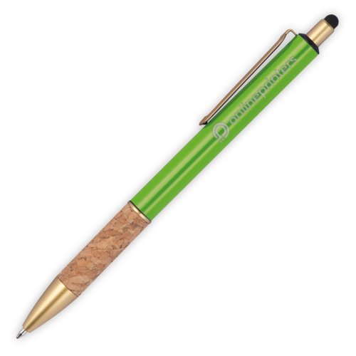 Apfelgrner Metall-Kugelschreiber mit Korkgriff, Clip und Touchpen.