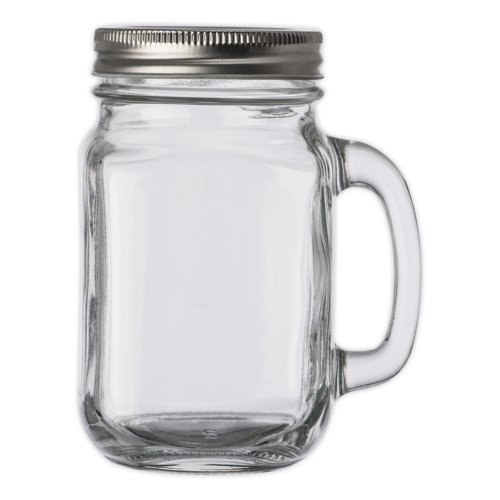 Transparentes Glas Trinkglas mit Henkel und Schraubdeckel.