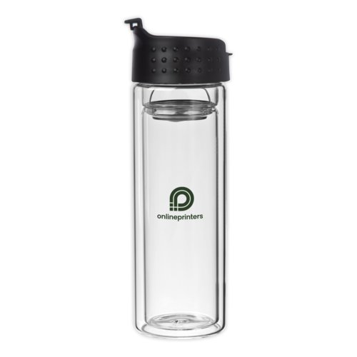 Transparente Glasflasche mit schwarzem Deckel und Vakuumisolierung.