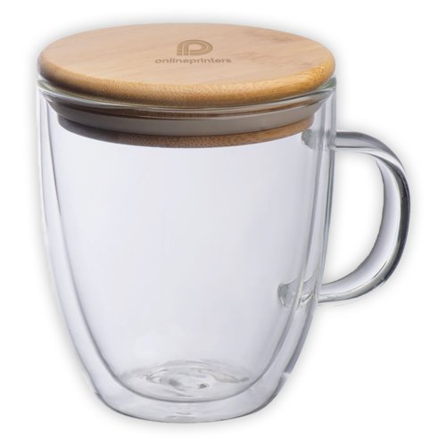 Transparente Glastasse, doppelwandig, mit Bambusdeckel und Griff.