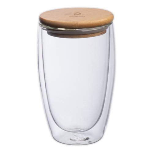 Doppelwandiges Glas mit Holzdeckel.