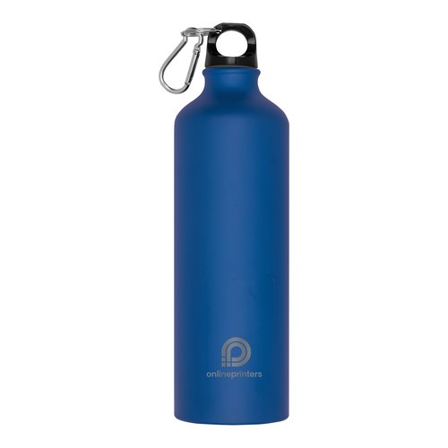 Blaue Metall-Trinkflasche mit Karabinerhaken.