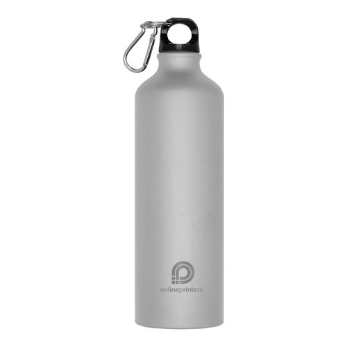 Graue Metall-Trinkflasche mit Karabinerhaken.