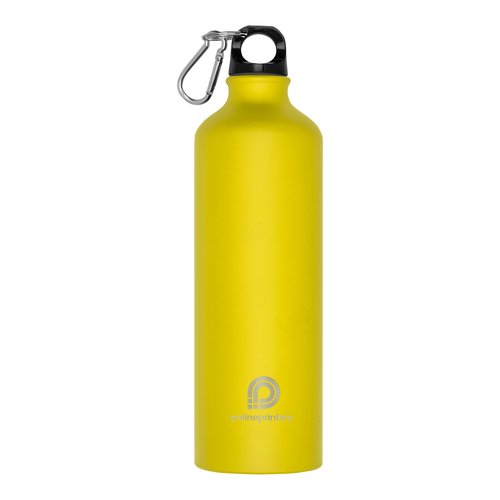 Gelbe Metall-Trinkflasche mit Karabinerhaken.