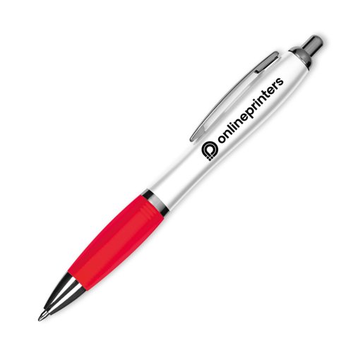Roter Kunststoff-Kugelschreiber mit Clip und Druckmechanik.