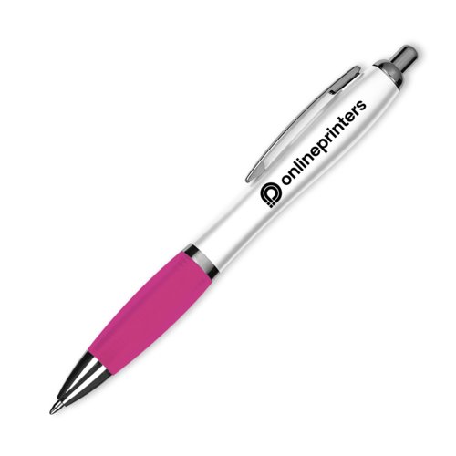 Pinkfarbener Kunststoff-Kugelschreiber mit Clip und Druckmechanismus.