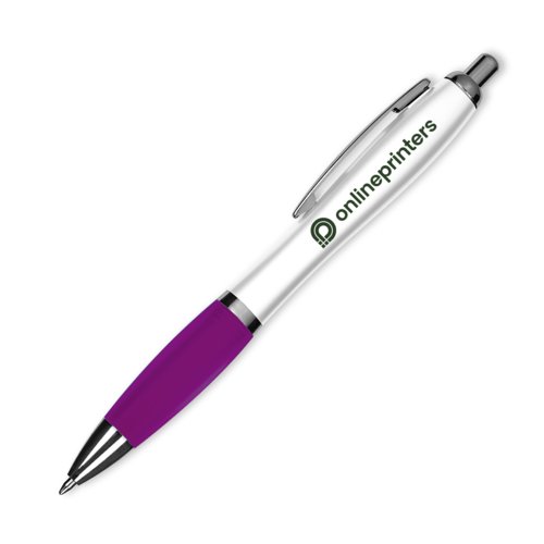 Violetter Kunststoff-Kugelschreiber mit Clip und Druckmechanismus.