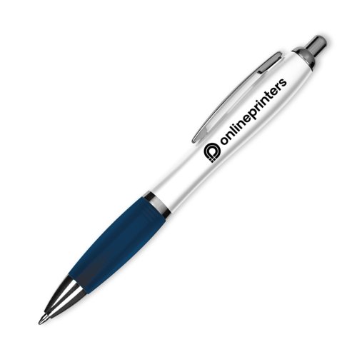 Dunkelblauer Kugelschreiber mit Clip und Druckknopf.