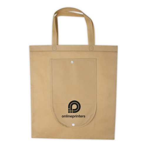 Beige Non-Woven-Tasche mit Tragegriffen und Knopf.