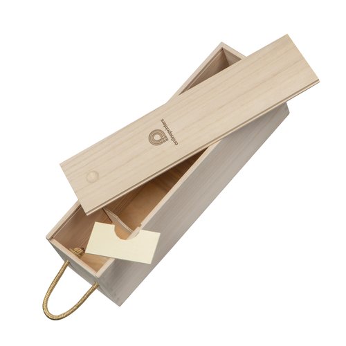 Beige Weinkiste aus Holz mit Deckel und Seilgriffen.