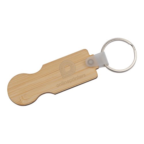 Holz-Schlsselanhnger mit Einkaufswagenchip und Metallring.