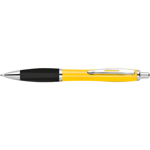 Gelber ABS-Kugelschreiber mit Clip und Druckknopf.