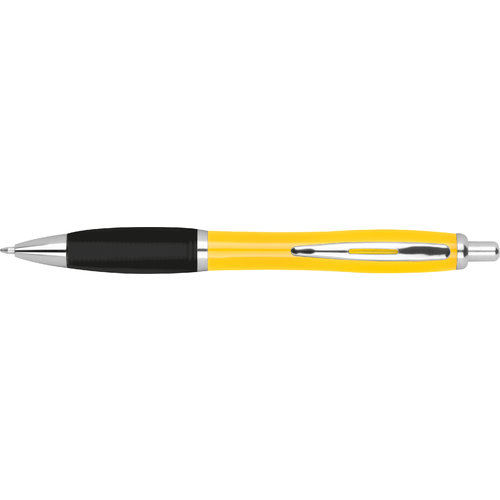 Gelber ABS-Kugelschreiber mit Clip und Druckmechanismus.