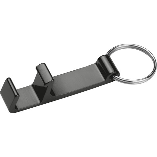 Schwarzer Metall-Schlsselanhnger mit Flaschenffner und Schlsselring.
