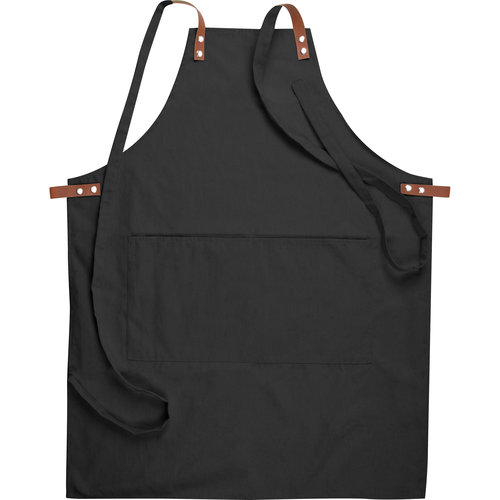 Schwarze Stoff-Schrze mit verstellbaren Trgern und aufgesetzter Tasche.