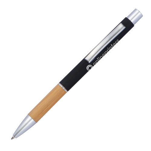 Schwarzer Aluminium-Kugelschreiber mit Metallelementen und Clip.
