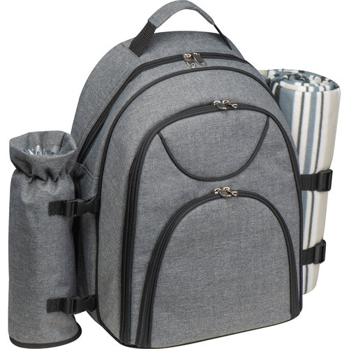 Anthrazit Picknickrucksack mit mehreren Fchern und Tragegriffen.