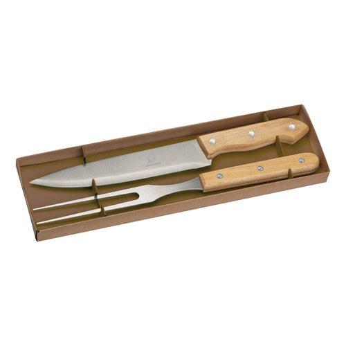 Beige Fleischgabel aus Edelstahl mit Griff.