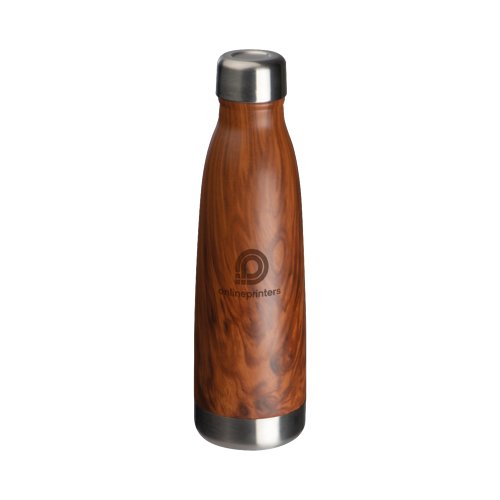 Holzfarbene Edelstahl-Isolierflasche mit Schraubverschluss.