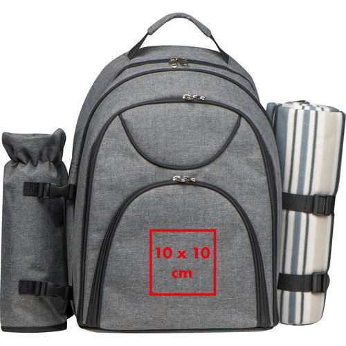 Grauer Picknickrucksack mit Flaschenhalter und Deckenhalterung.