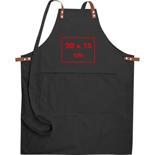 Schwarze Stoff-Schrze mit aufgesetzter Tasche und verstellbarem Nackenband.