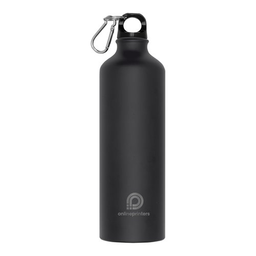 Schwarze Metall-Trinkflasche mit Karabinerhaken.