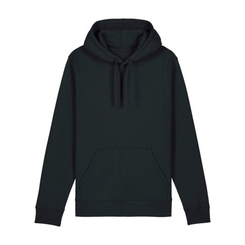 Schwarzer Baumwoll-Polyester Hoodie mit Kapuze und Kngurutasche.