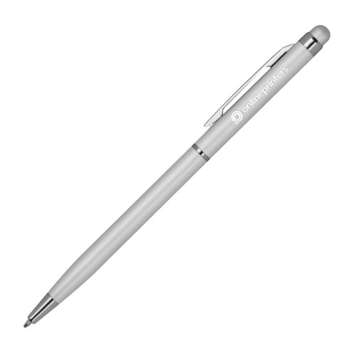Silberfarbener Metall-Kugelschreiber mit Touchpen und Clip.