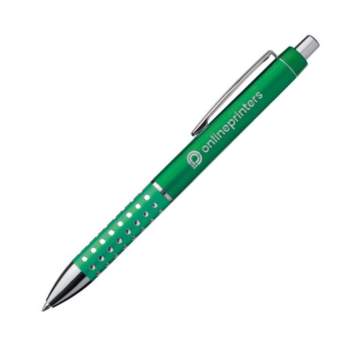 Grner Kugelschreiber aus Metall mit Clip und Druckknopf.