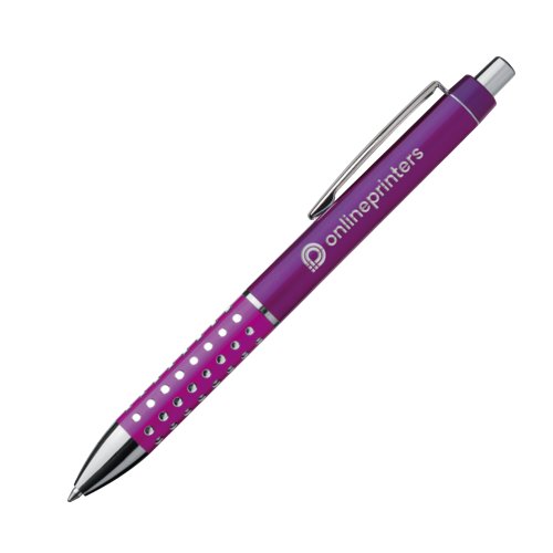 Violetter Metall-Kugelschreiber mit Clip und Druckknopf.