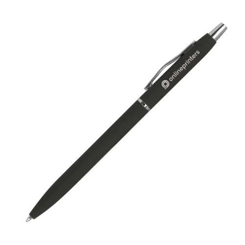 Schwarzer Metall-Kugelschreiber mit Clip und Druckknopf.