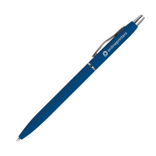 Blauer Metall-Kugelschreiber mit Clip und Druckknopf.