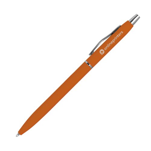Oranger Metall-Kugelschreiber mit Clip und Druckmechanismus.