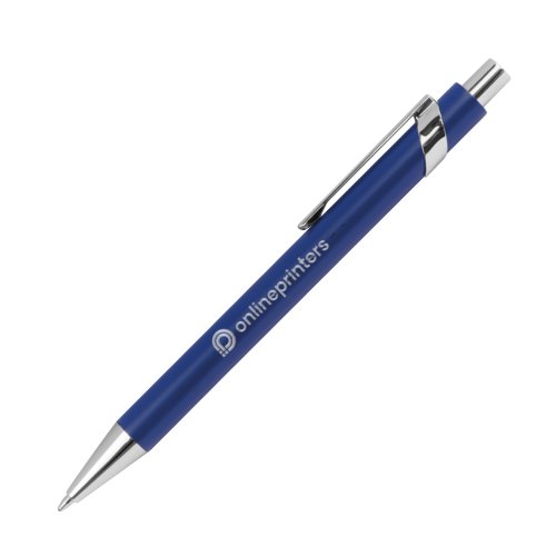 Blauer Metall-Kugelschreiber mit Muster, Clip und Druckmechanismus.