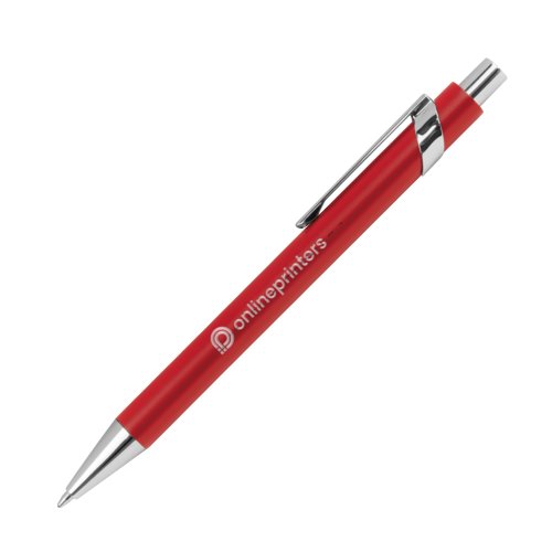 Roter Metall-Kugelschreiber mit Muster, Clip und Druckmechanismus.
