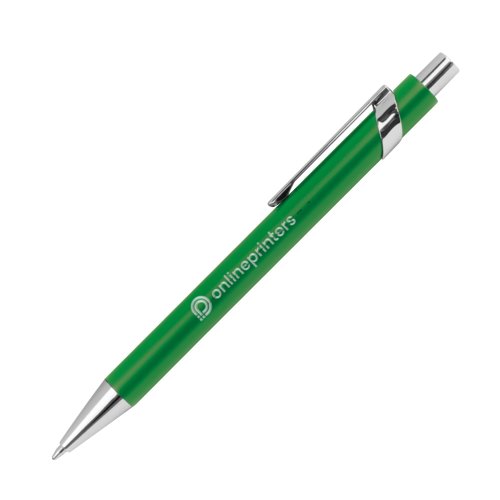 Grner Metall-Kugelschreiber mit Muster, Clip und Druckmechanismus.