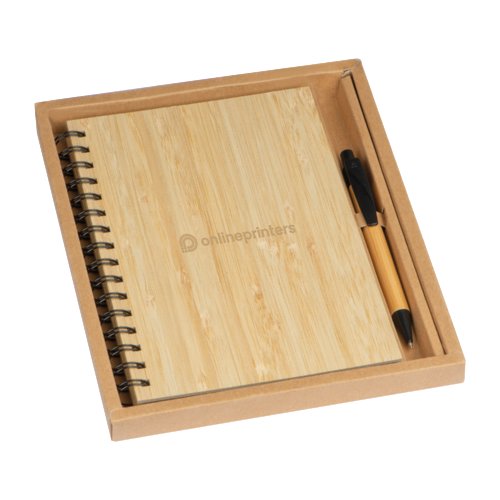 Helles Holz Geschenkset mit Notizbuch und Stift in einer Box.